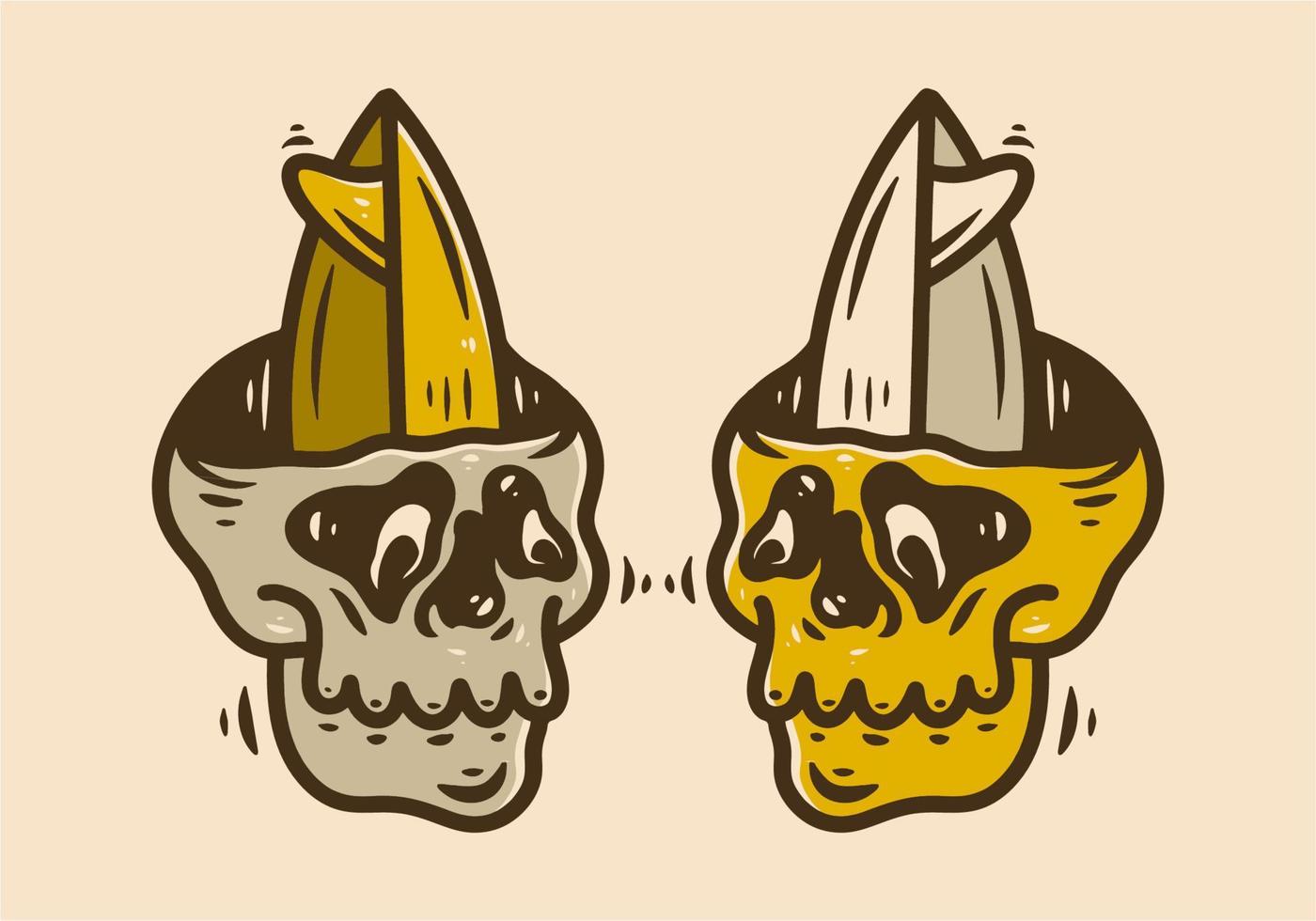 Skull art illustration with surfing board on it vector