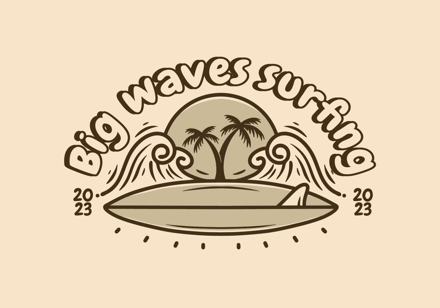 Illustration design of surf board, waves and coconut trees vector