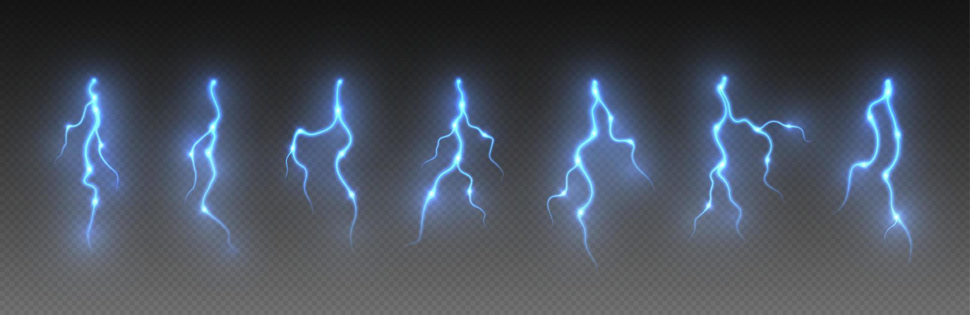 Thunderstorm lightning, thunderbolt strike, realistic electric zipper, energy flash light effect, blue lightning bolt vector