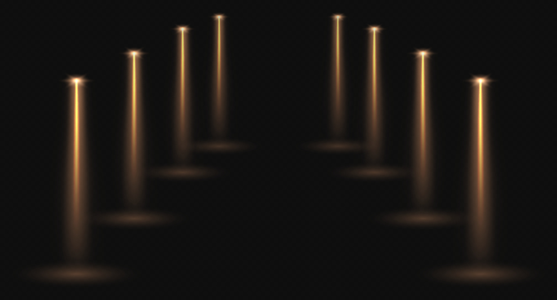 Stage spotlights, realistic light corridor, shiny yellow beams overlay