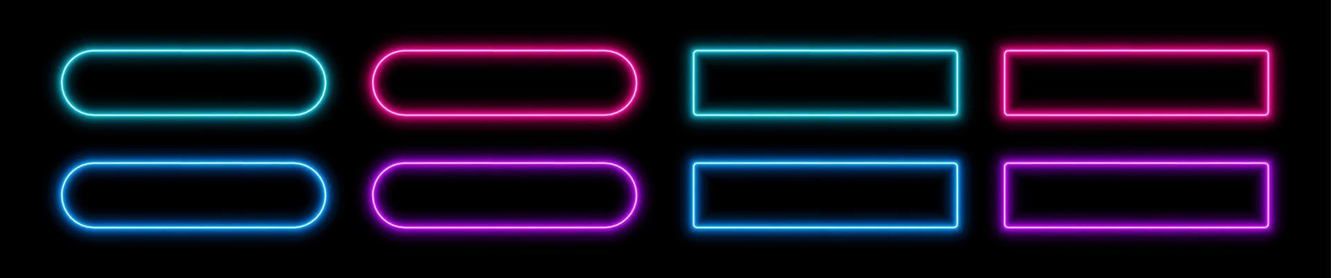 Neon button frames, coloful glowing borders, isolated UI elements. vector