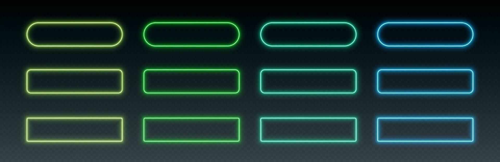 Neon button frames, coloful glowing borders, isolated UI elements. vector