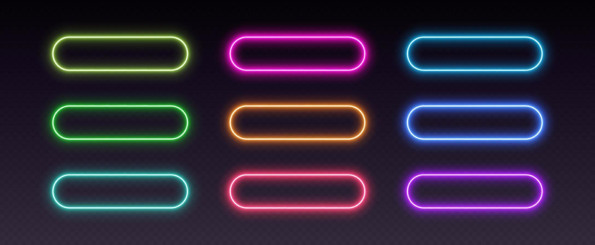 Neon button frames, gradient glowing borders, isolated UI elements. Futuristic rounded action buttons. vector