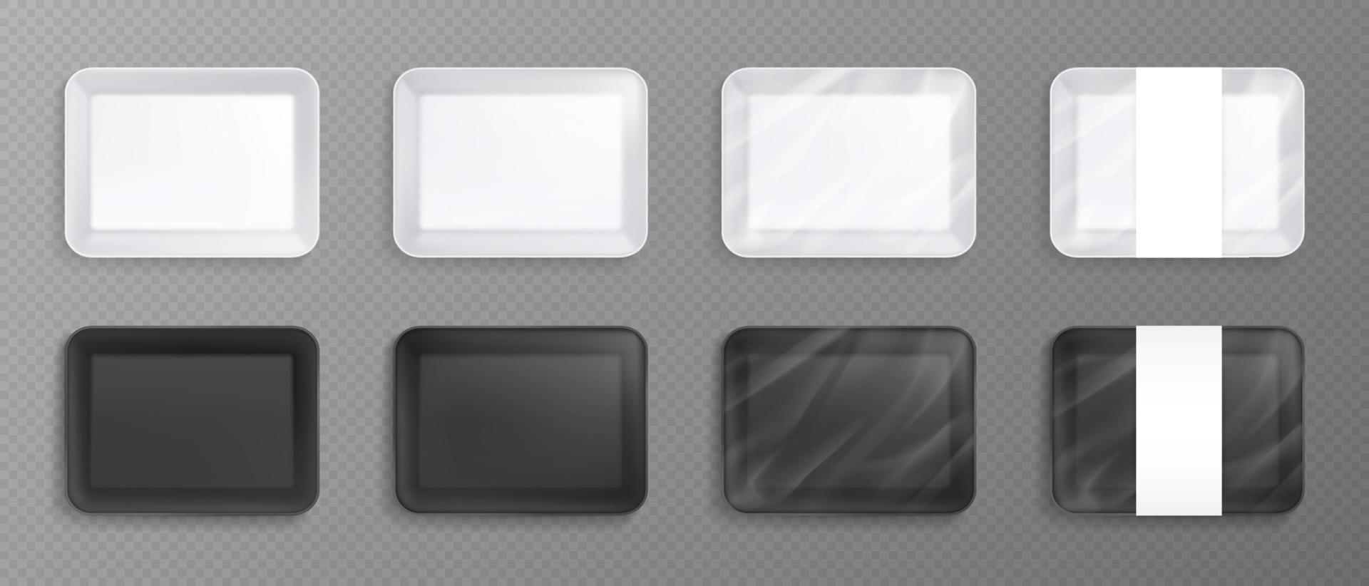 Food tray, plastic container, black or white empty styrofoam box with transparent film. vector