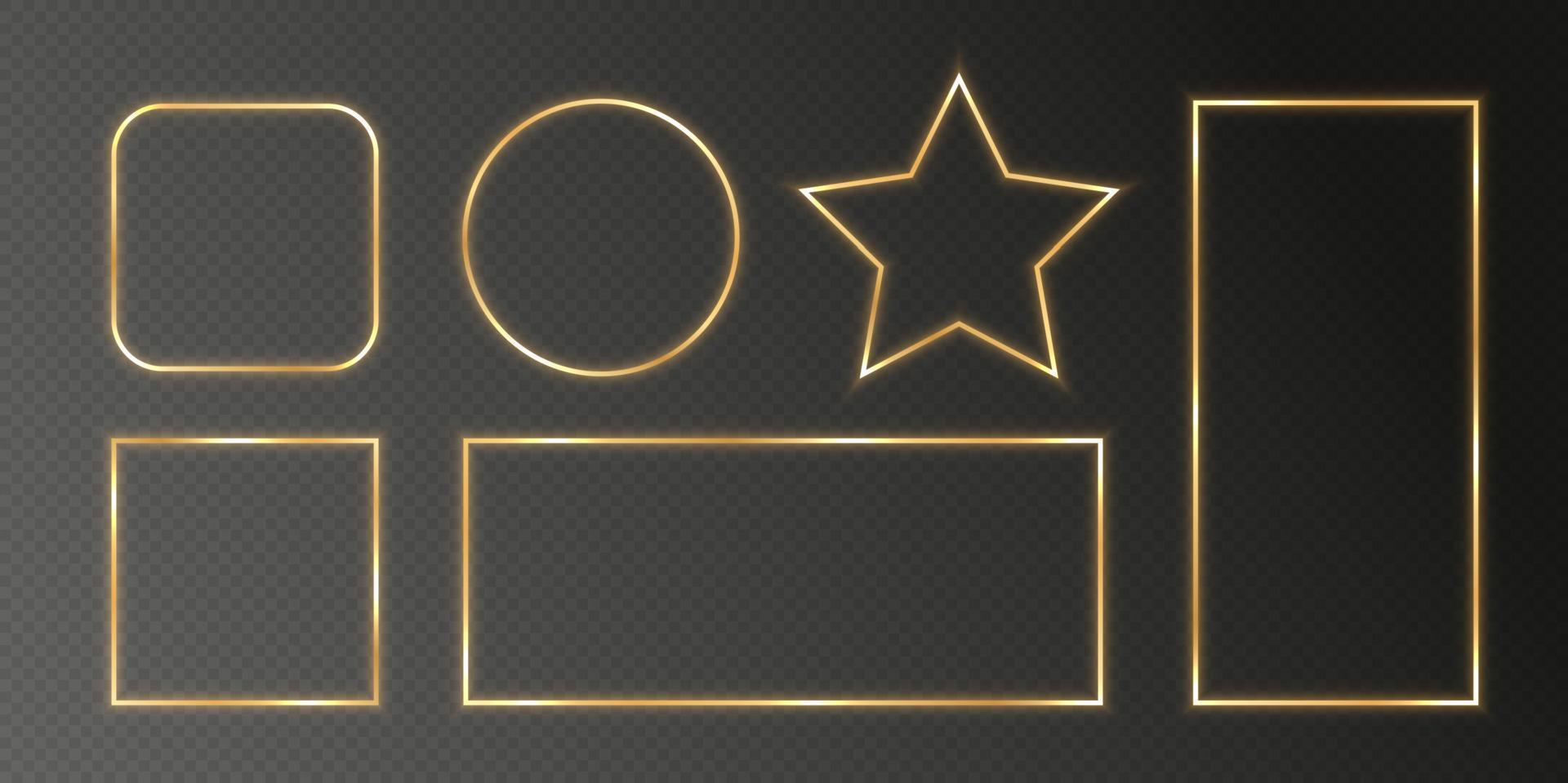 Glowing golden frames, shiny metallic borders, minimalistic elegant photo decoration. vector