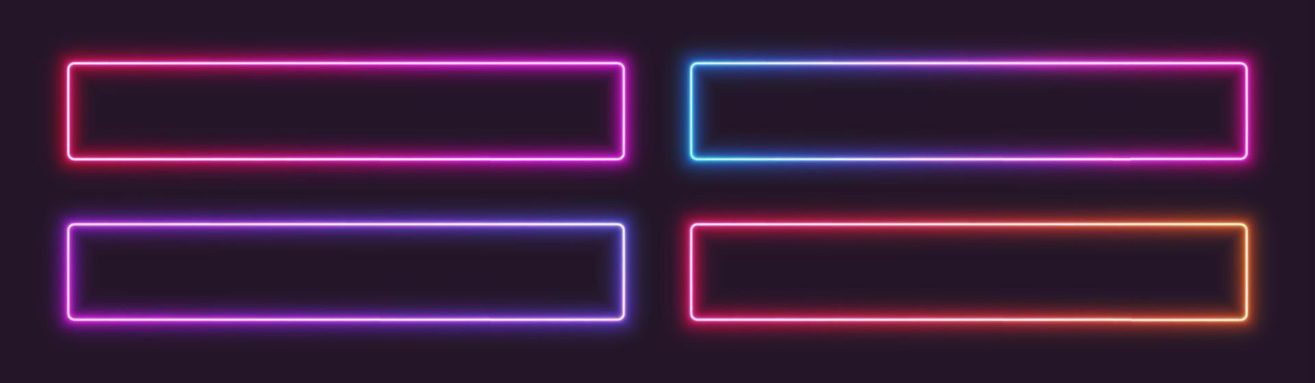 Neon gradient frames, rectangular glowing borders set, colorful futuristic UI design elements. vector