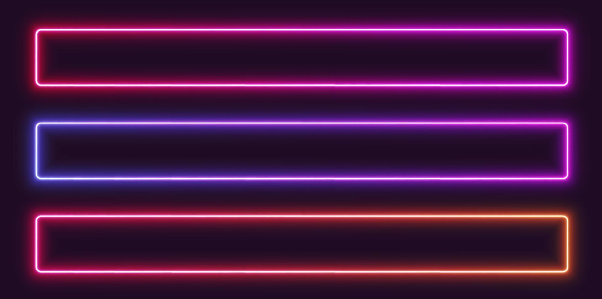 Neon gradient frames, rectangular glowing borders set, colorful futuristic UI design elements. vector