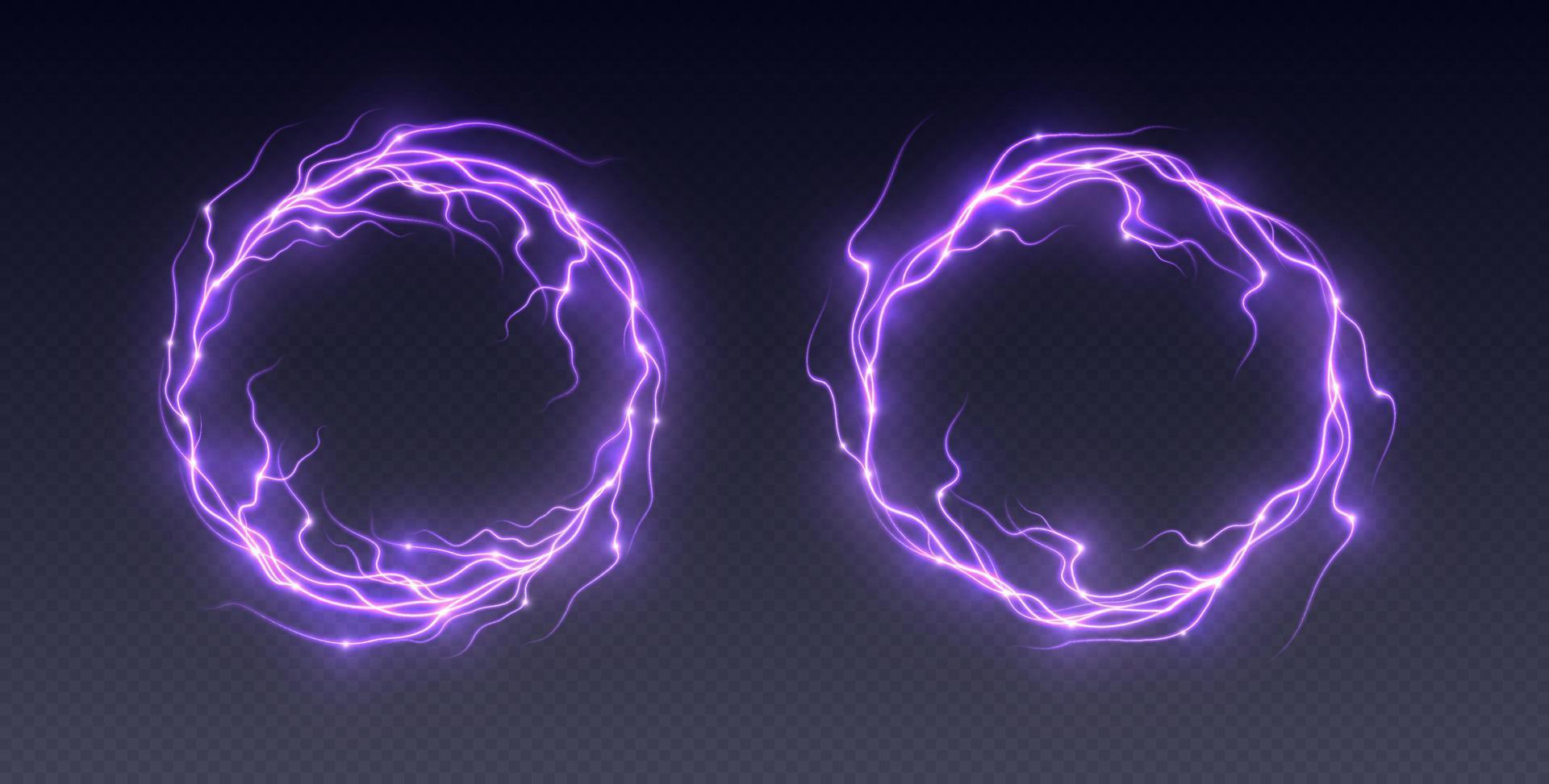 Electric lightning frames, round thunderstorm border, realistic thunderbolts, energy flash explosion vector
