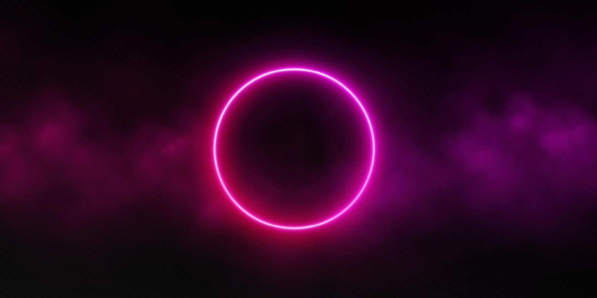 Neon circle frame with smoke cloud, glowing gradient ring with colorful fog. Illuminated realistic night scene. vector