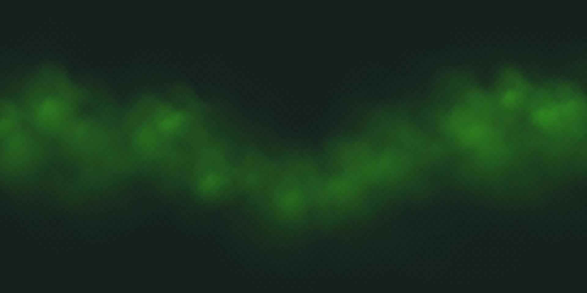 Green smoke, toxic cloud, realistic chemical gas, bad odour concept isolated on dark background. vector