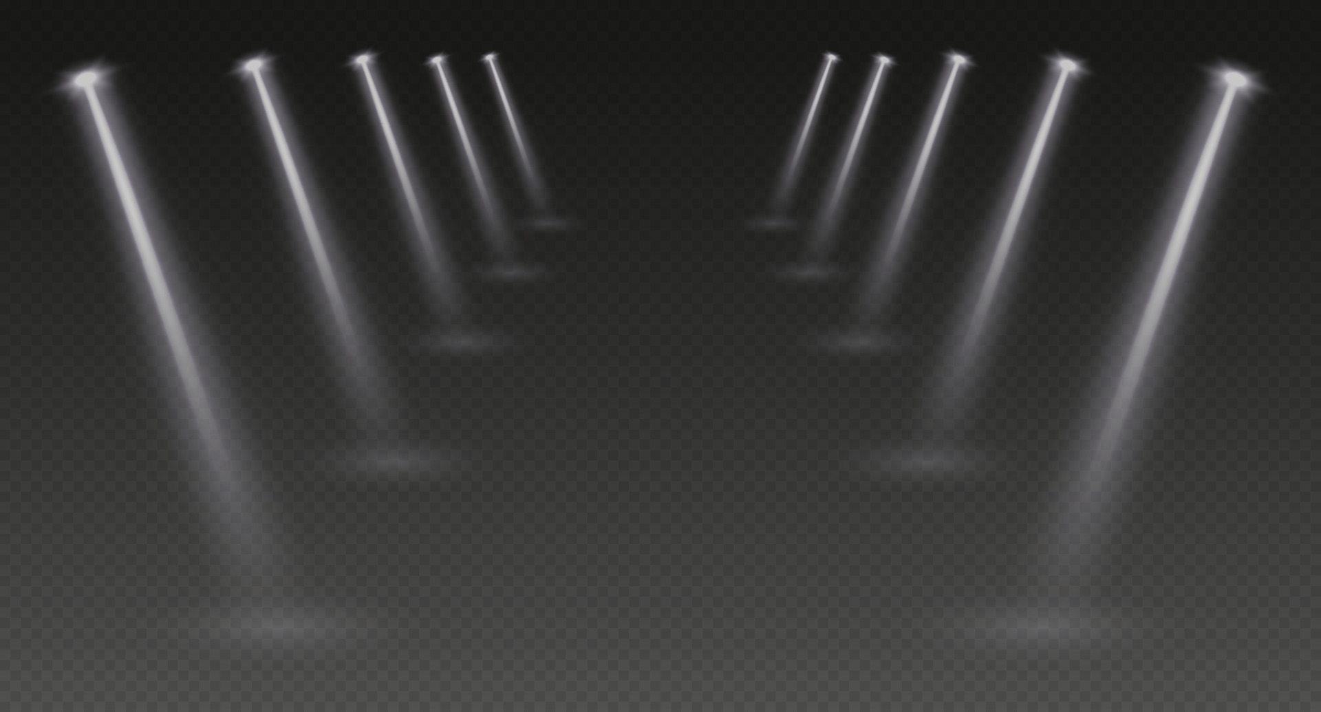 Stage spotlights, realistic light corridor, shiny white beams overlay