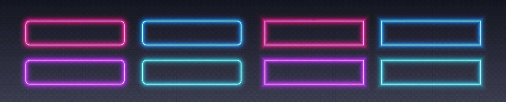 Neon button frames, coloful glowing borders, isolated UI elements. vector