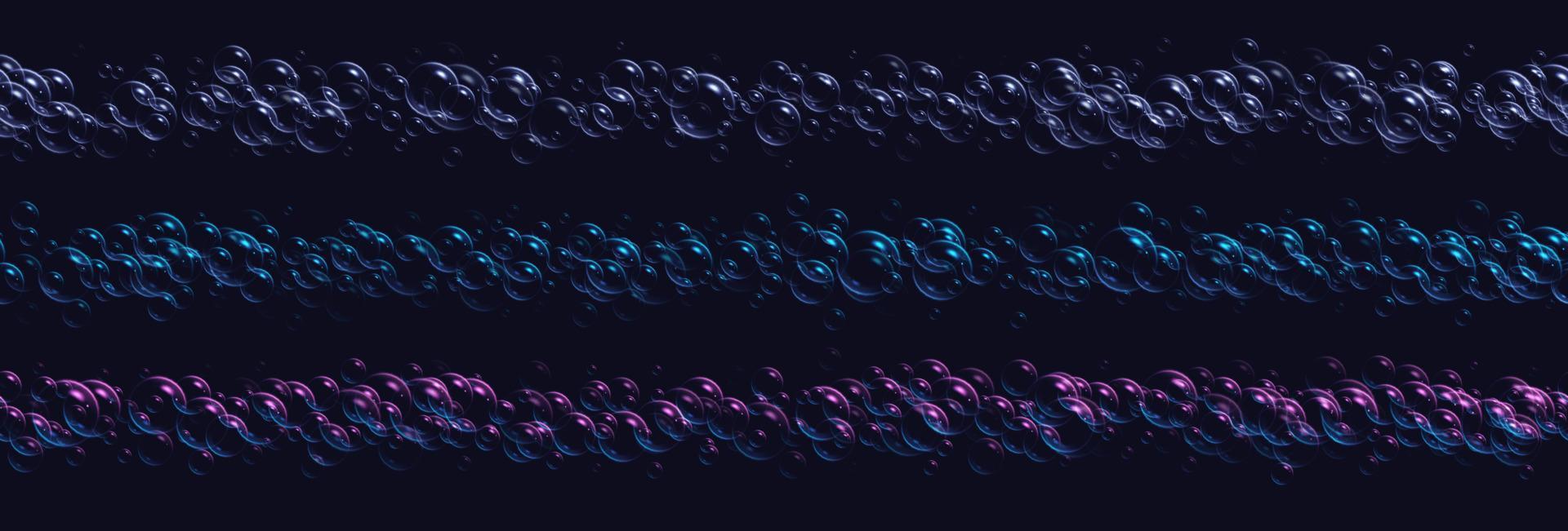 Realistic soap bubbles border, seamless bath lather, blue iridescent shampoo foam isolated on a dark background. vector