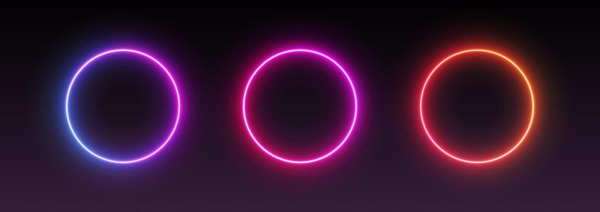 Neon circle frames, gradient glowing round borders, isolated UI elements. Futuristic avatar frames for game interface vector