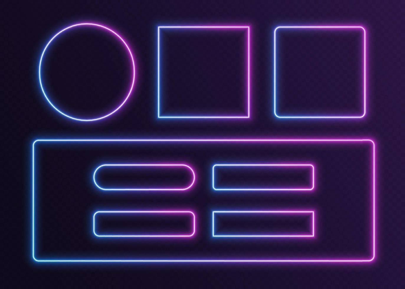 Neon frames set, glowing UI borders kit - buttons, avatar frames, banner outline. vector