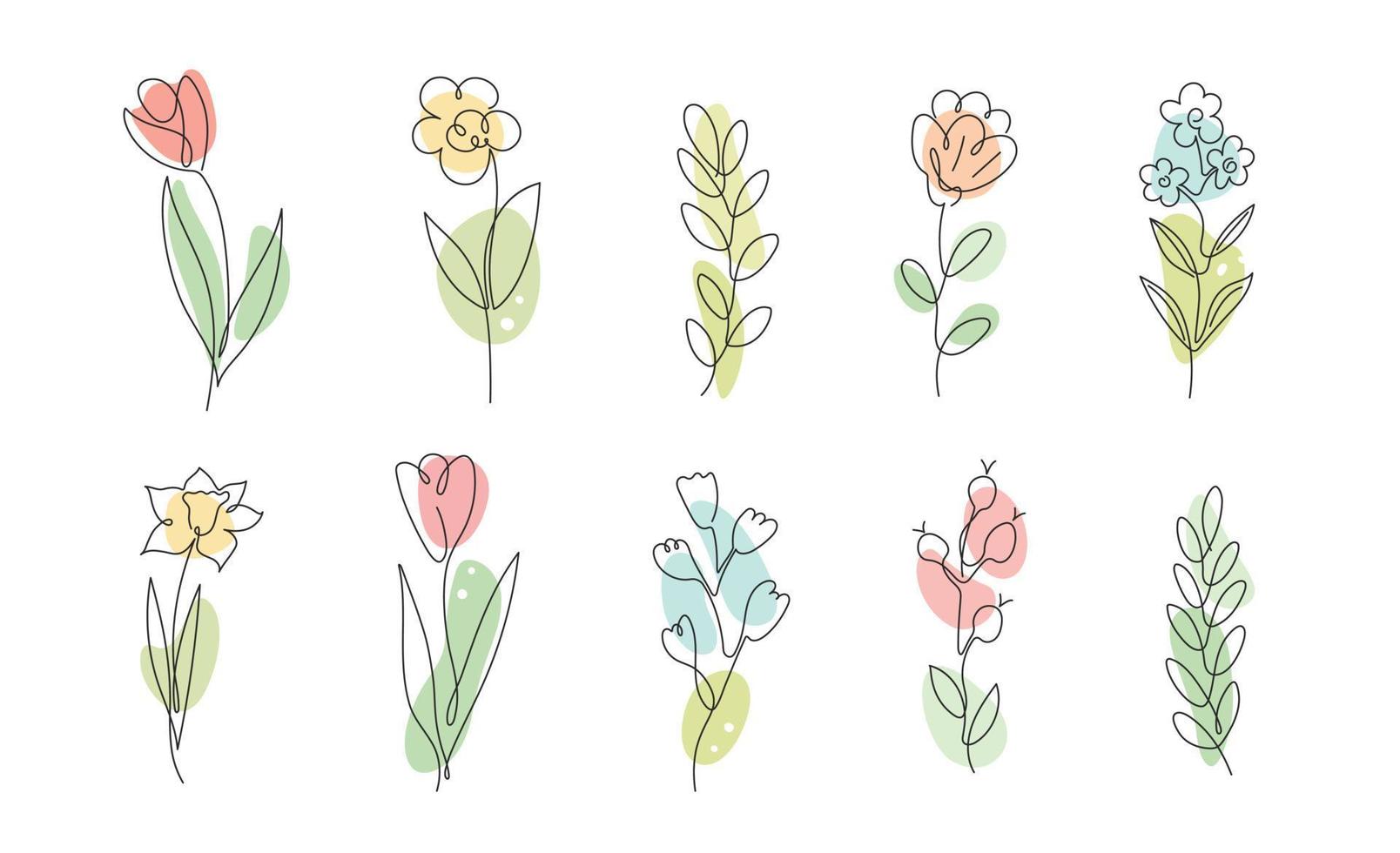 Vector set flowers and branches in simple minimalist continuous outline line style for logo, wedding design, greeting cards. Spring Summer floral collection. Hand drawn line.