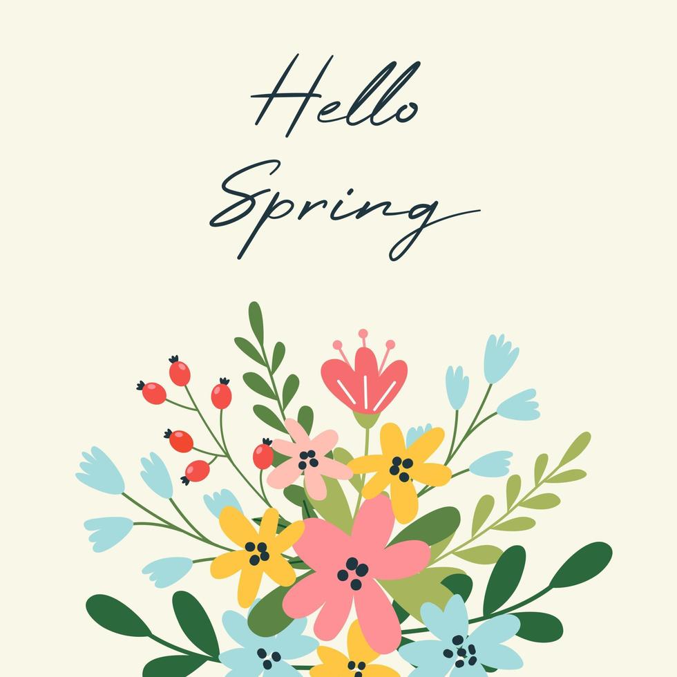 Spring greeting card or postcard template with bouquet flowers. Lovely cute illustration for 8 March, Women's Day celebration. vector