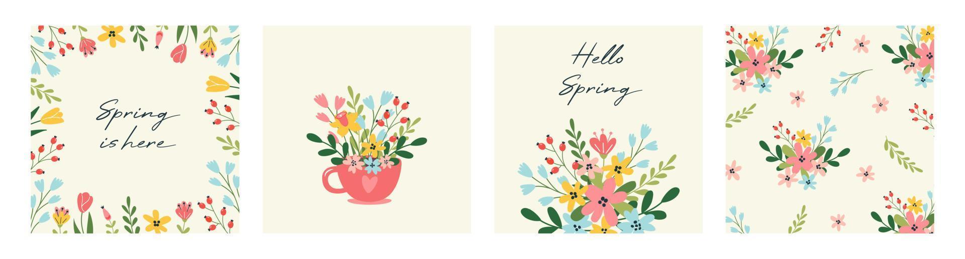 Collection of spring greeting card or postcard templates with flowers, floral pattern. Lovely cute illustration for 8 March, Women's Day celebration. vector