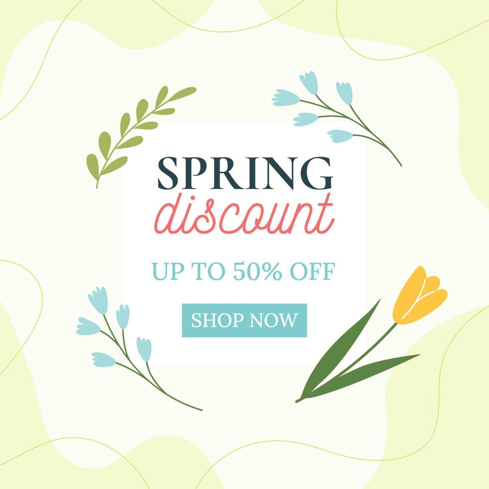 Spring Sale. Trendy floral green background. Minimalistic style with floral elements. Vector template for a postcard, banner, invitation, social media post, poster, mobile applications.