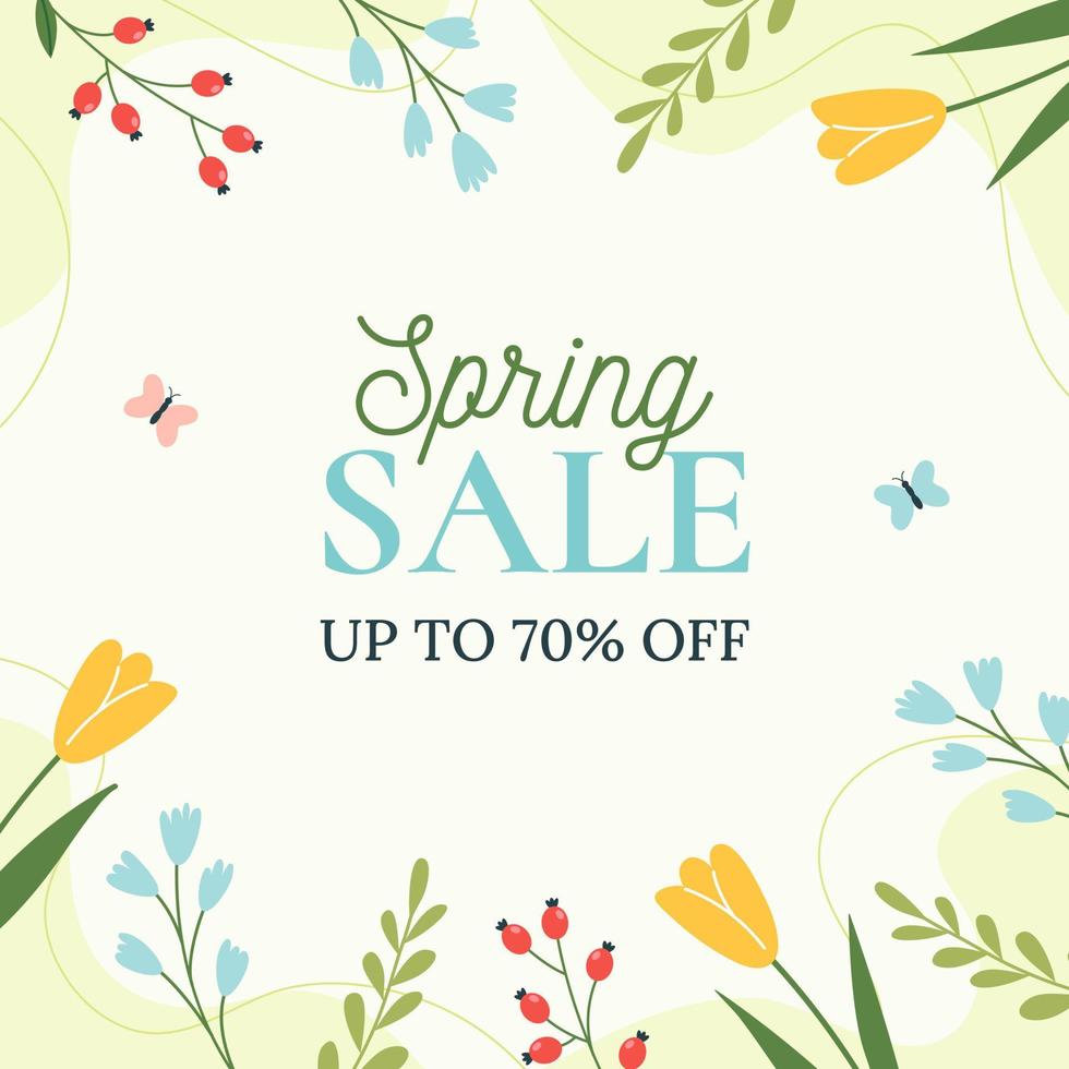 Spring Sale. Trendy floral green background. Minimalistic style with floral elements. Vector template for a postcard, banner, invitation, social media post, poster, mobile applications.