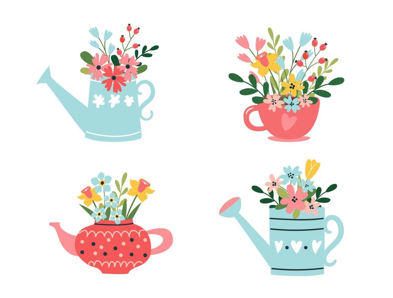 Spring set of hand drawn elements. Floral decorations. Bouquets of flowers in a watering can, cup, teapot. Seasonal symbols. Suitable for scrapbooking, greeting card, poster, tag, flower shop. vector