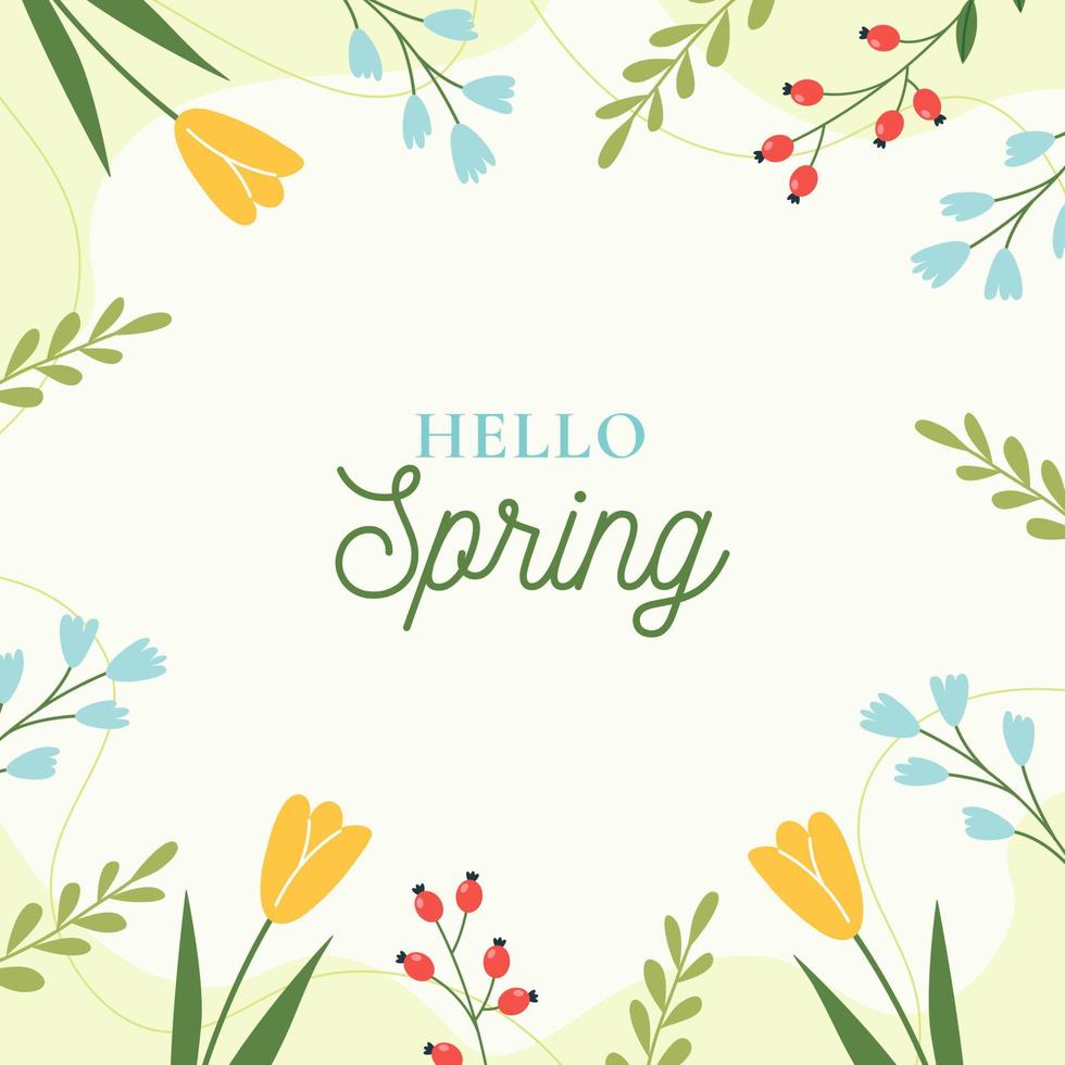 Hello Spring. Trendy floral green background. Minimalistic style with floral elements. Vector template for a postcard, banner, invitation, social media post, poster, mobile applications.