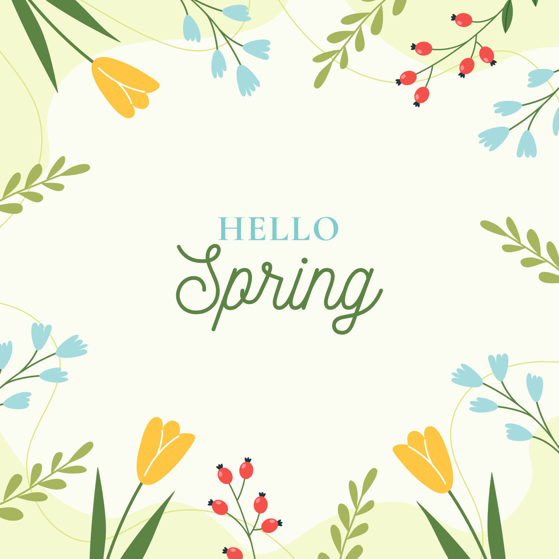 Hello Spring. Trendy floral green background. Minimalistic style with