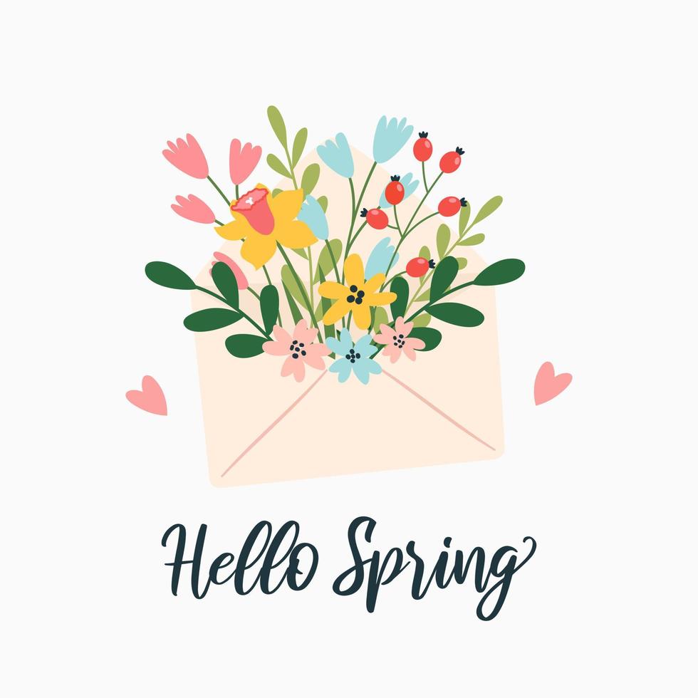 Hola primavera. saludo tarjeta con flores en un sobre. dibujado a mano de moda letra con flores adentro. el moderno concepto de saludo. botánico floral elementos. vector