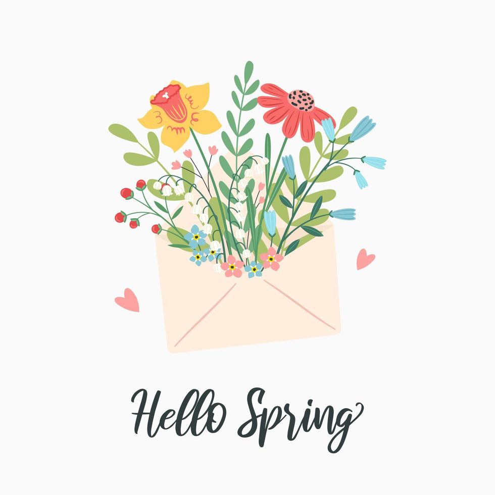 Hola primavera. saludo tarjeta con flores en un sobre. mano dibujado de moda letra con flores adentro. el moderno concepto de saludo. botánico floral elementos. vector