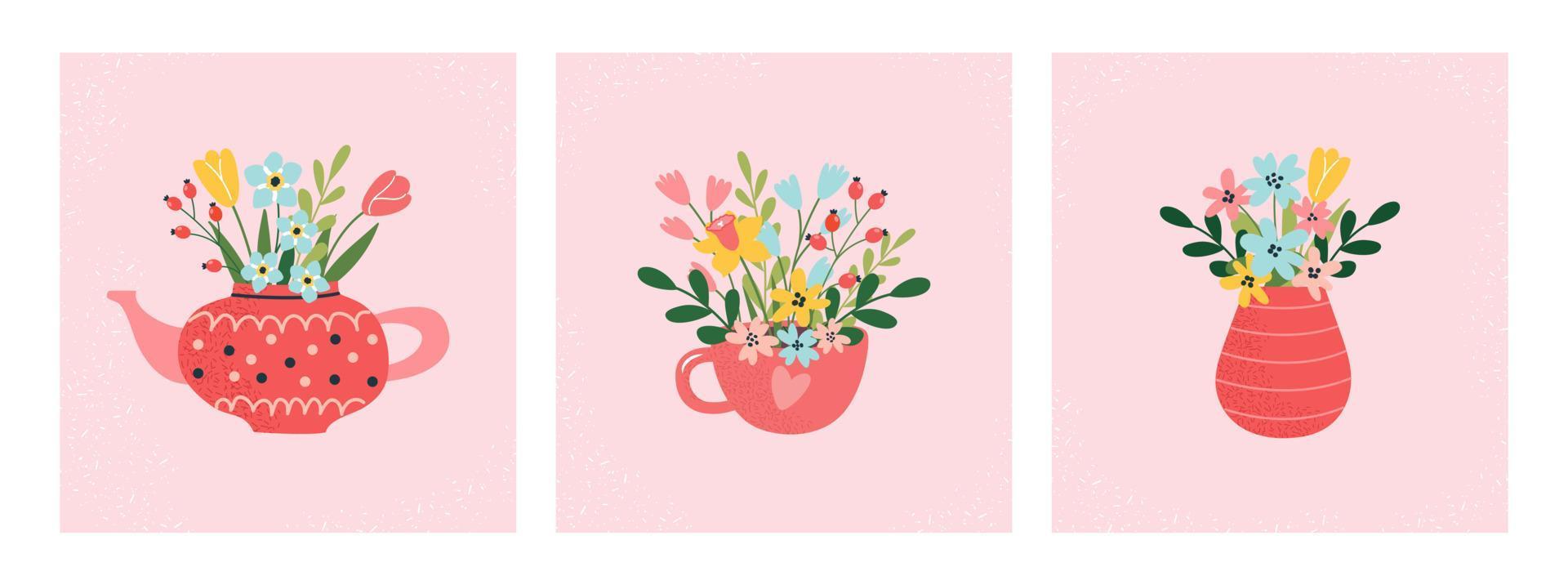 Bouquets of flowers in a teapot, cup, vase. Tulips, daffodils, spring and summer flowers and plants. Decorative items from a flower shop. Suitable for greeting cards, posters. vector