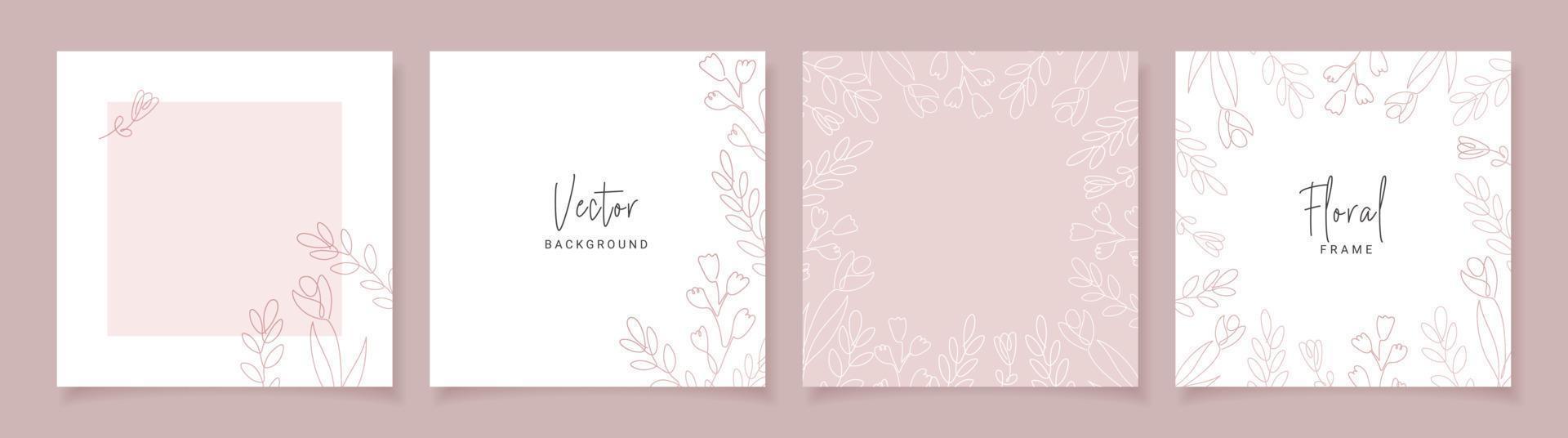 Minimalist abstract backgrounds in pink color with hand drawn line floral elements. Vector design templates for postcard, poster, business card, flyer, magazine, social media post, banner.