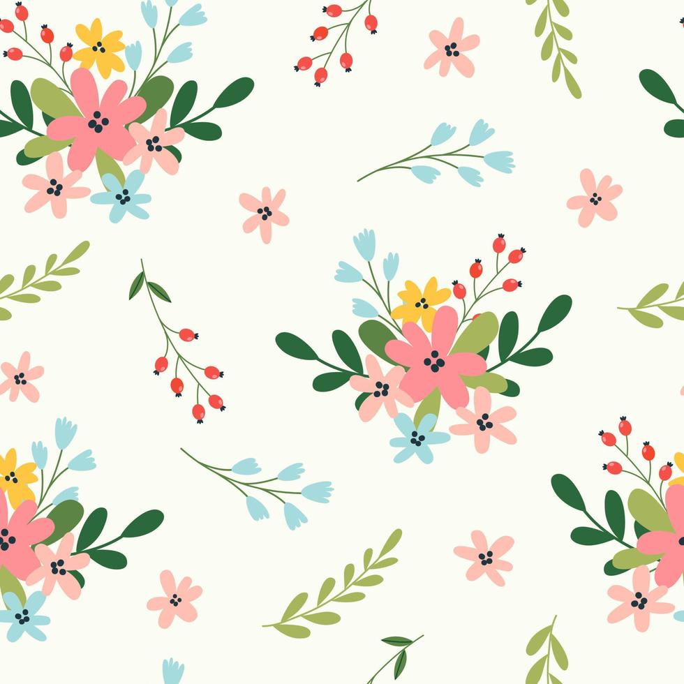 Elegant floral pattern with bouquets of flowers, branches and colorful