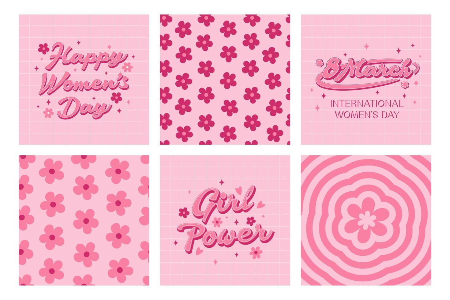 Happy Women's Day. Set groovy cute cards, posters, backgrounds, patterns. Trendy retro slogan, quote in 60s, 70s, 80s style. Retro lettering, pink girly inscription.  Pink colors. vector