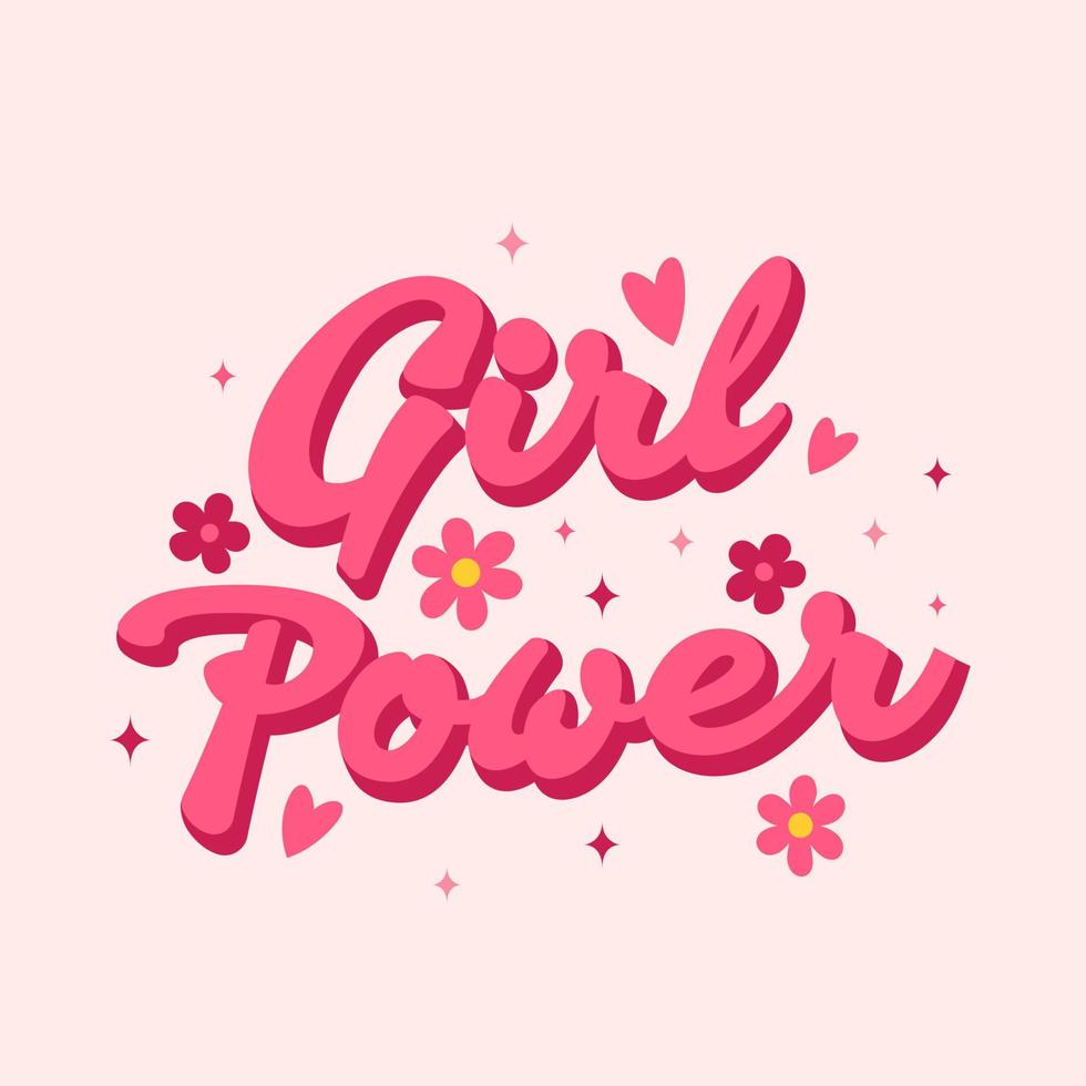 Girl Power. Trendy retro slogan, quote in 60s, 70s, 80s style. Greeting card, poster, print, social media template. Retro lettering, pink cute girly inscription. vector
