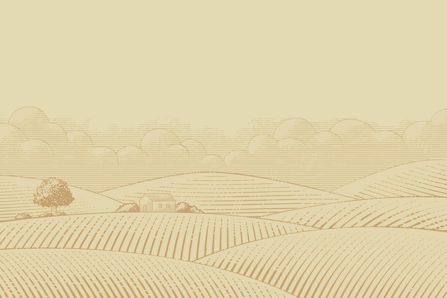 grabado estilo ilustración de campo agricultura tierras de cultivo con pradera y granero vector