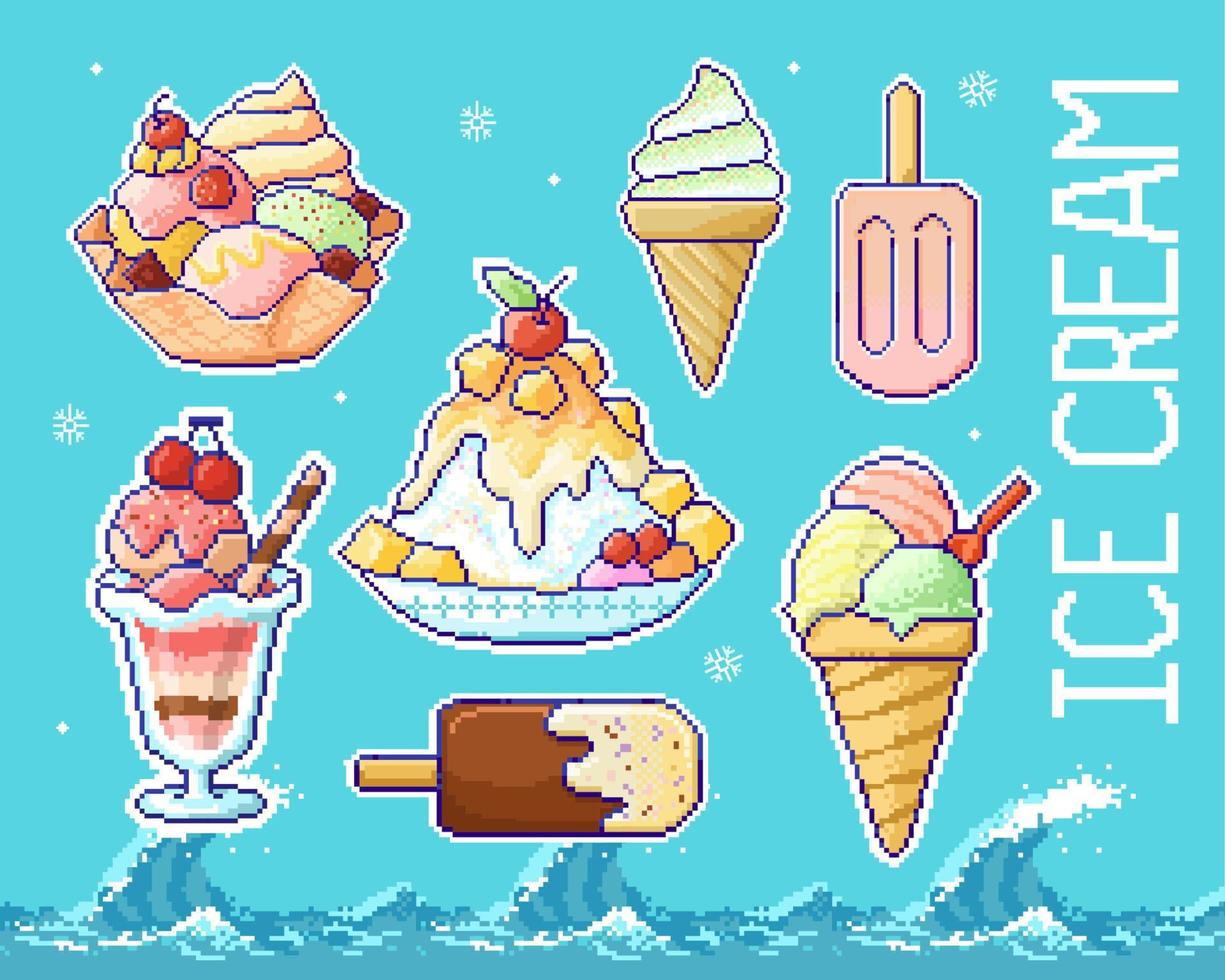 Retro pixel art of ice cream dessert on blue sea wave background vector