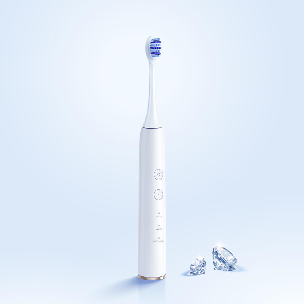 3d ilustración de blanco electrónico diente cepillo y diamantes, aislado en ligero azul antecedentes. vector