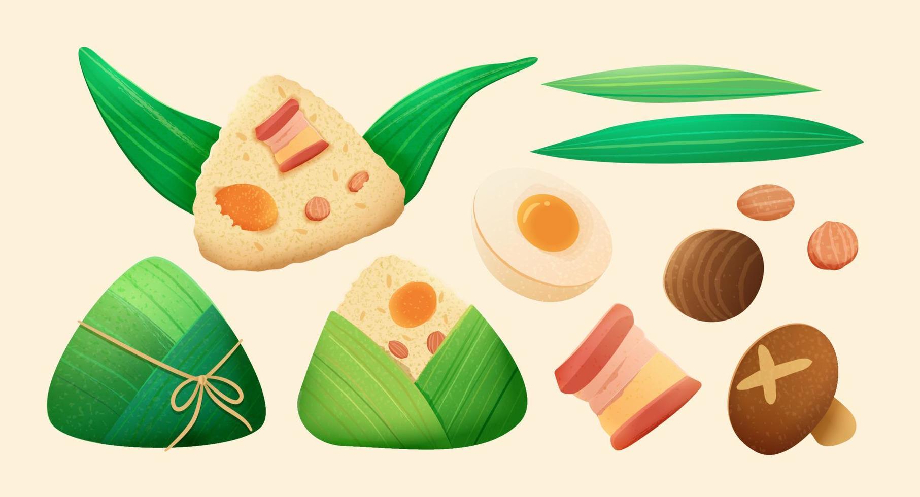 linda ilustración de zongzi y comida ingredientes. arroz empanadillas elementos para continuar barco festival, aislado en beige antecedentes. vector