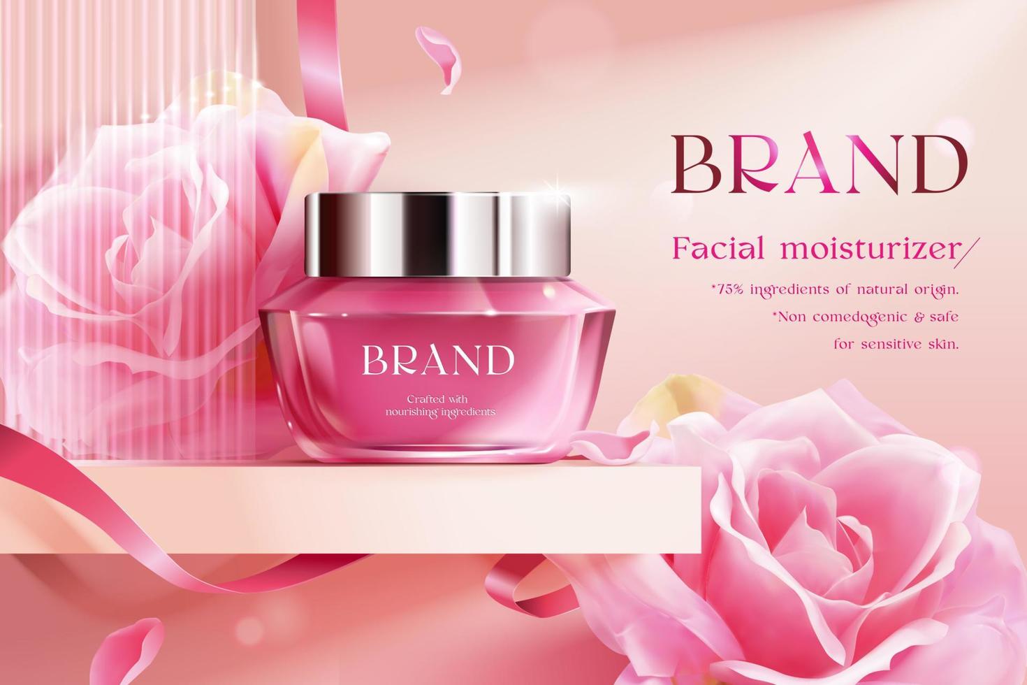 3d rose facial cosmetic ad template, product mockup displayed on stage with large pink roses, ribbon and glass wall. vector