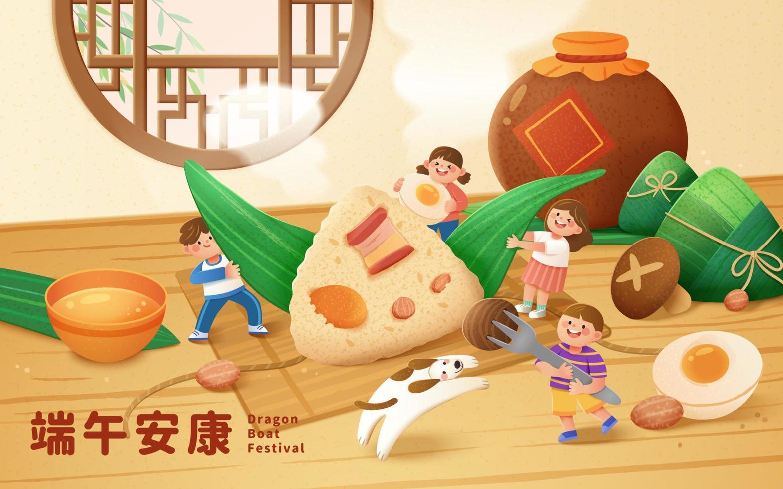 Duanwu Festival greeting card design with miniature Asian children playing around large rice dumplings or zongzi at home. Translation, Happy Dragon Boat Festival vector