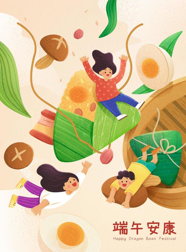 Duanwu Festival poster design with cute children flying among glutinous rice dumplings and steamer. Translation, Happy Dragon Boat Festival vector