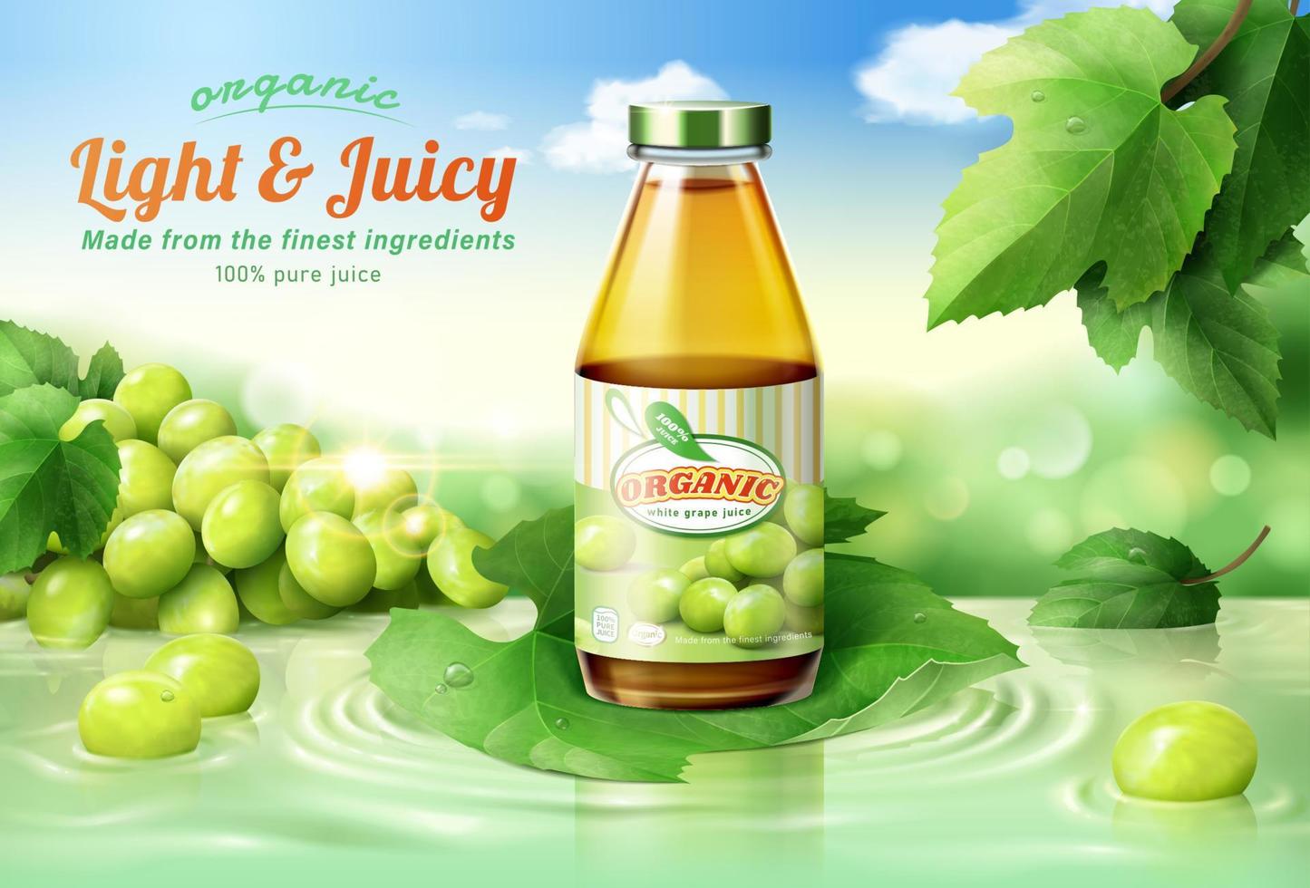 Fresh and organic white juice ad template. 3d glass bottle displayed on a green vine leaf that floats above water surface. vector