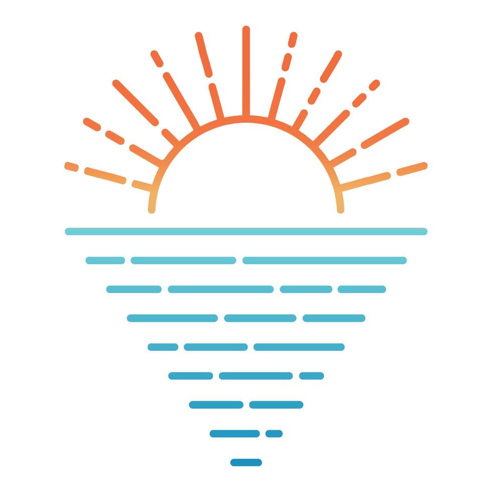 Sunrise sunset over the sea ocean, rays of light reflected from the water, vector sun sea minimalist icon symbol tourism and travel