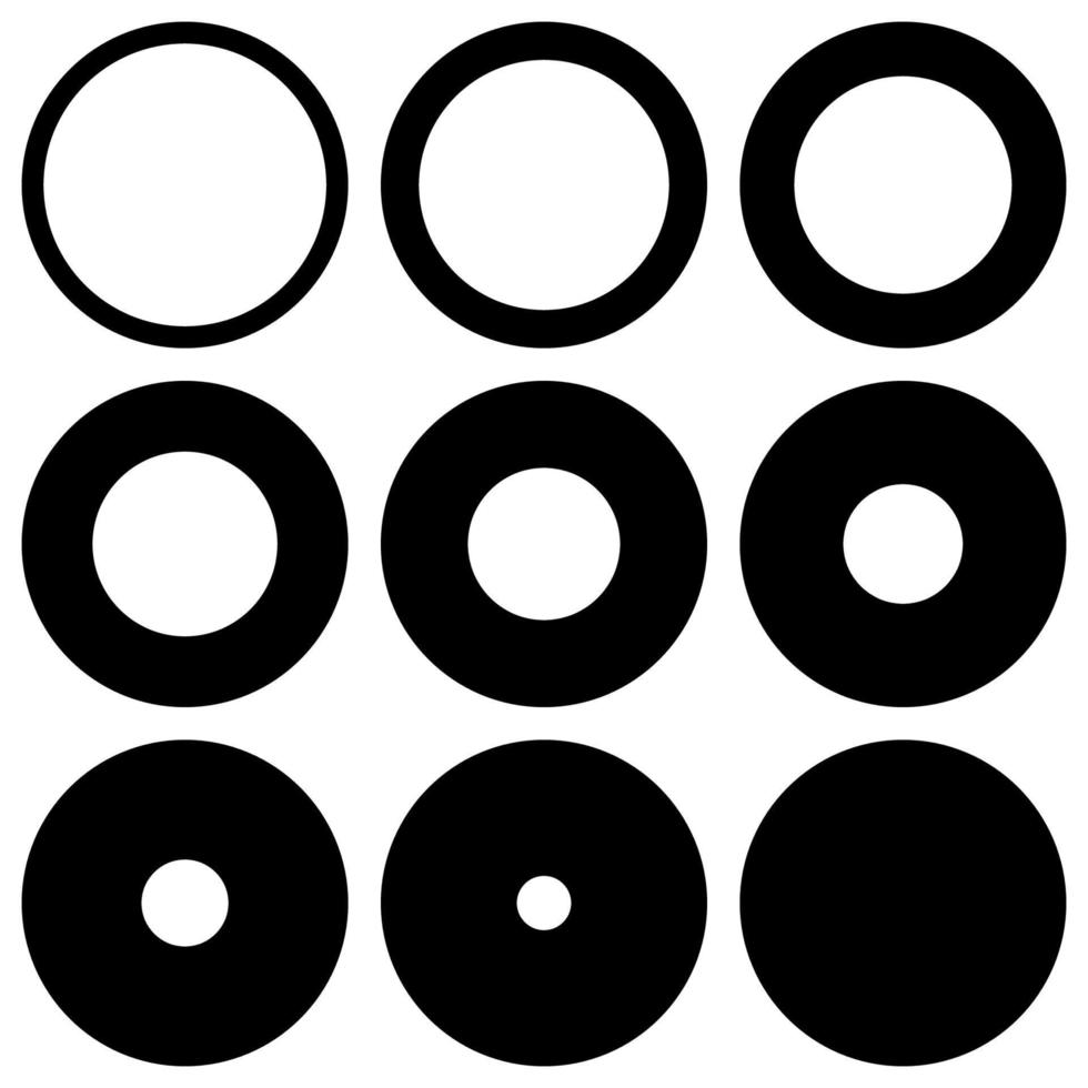 Set round with different thickness perimeter outline, vector circle washer design element circle, round, lap ring