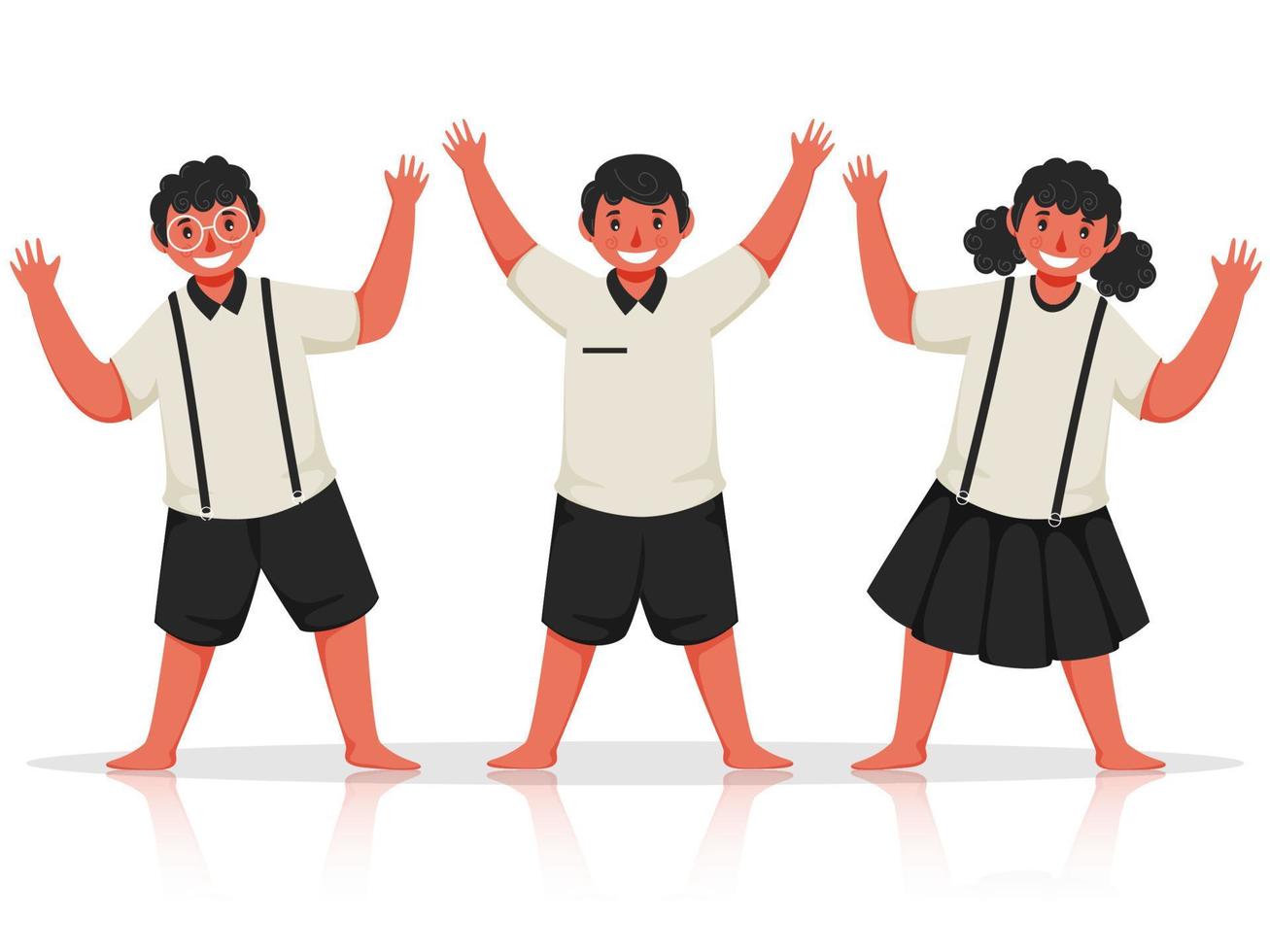 felicidad estudiantes niños con levantamiento manos en en pie pose. vector