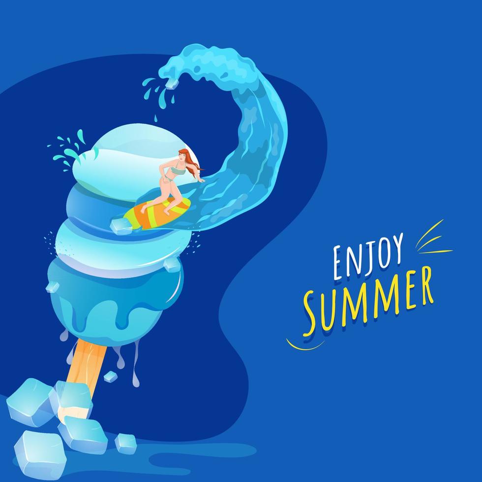 Young Woman Surfer Driving Water with Ice Cream and Ice Cubes on Blue Background for Enjoy Summer Concept. vector