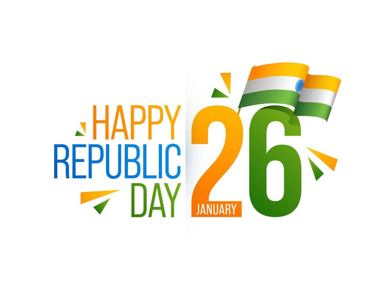 26 January Happy Republic Day Text With Wavy Indian Flag On White Background. vector