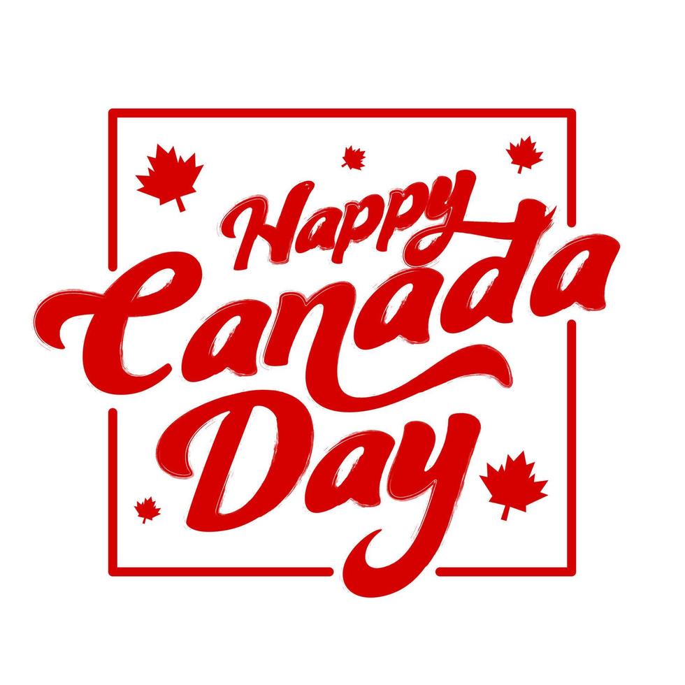 contento Canadá día caligrafía escrito por rojo cepillo con arce hojas en blanco antecedentes. vector