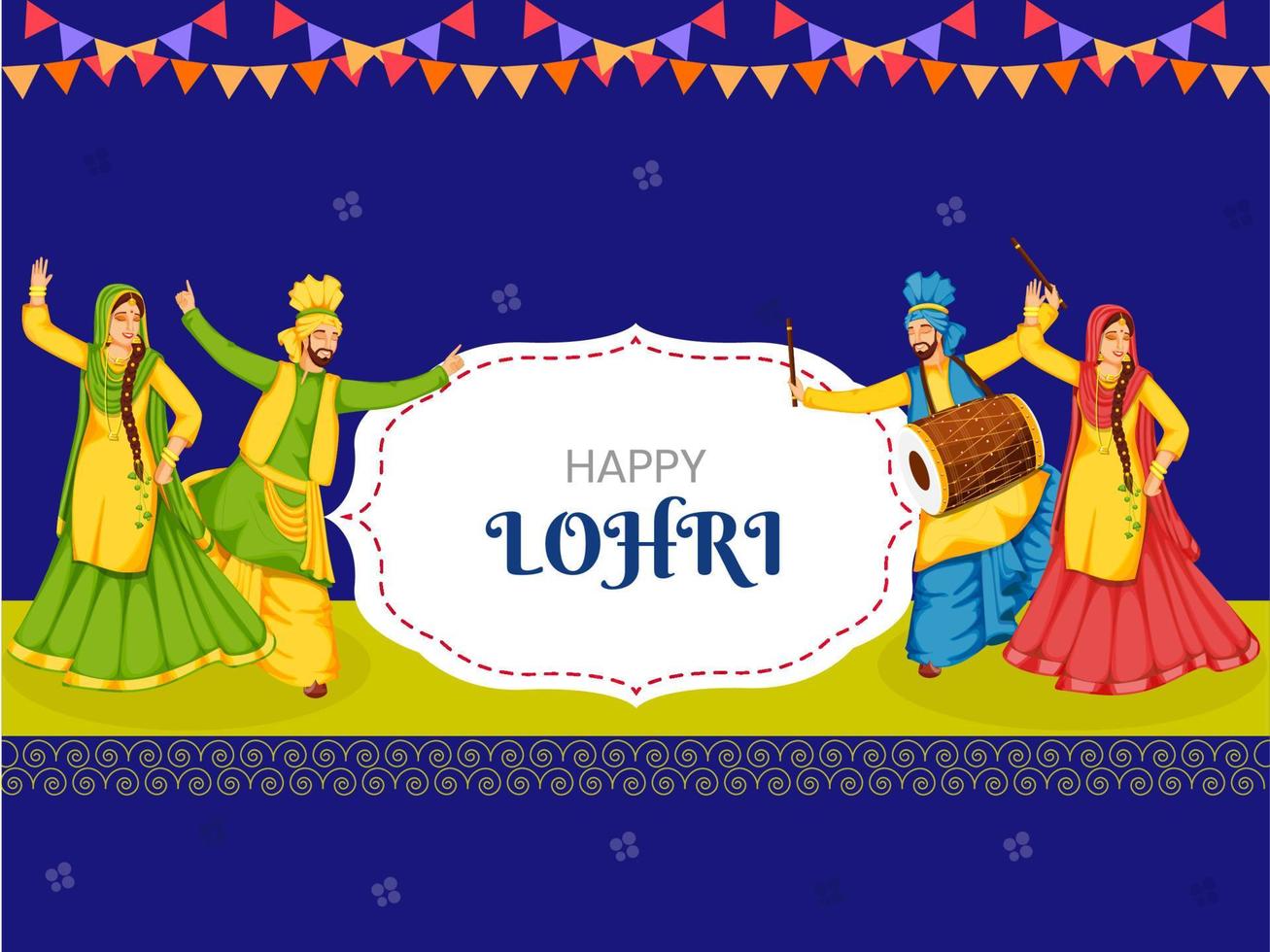 Illustration Of Punjabi Couples Performing Bhangra Dance With Dhol Instrument On Blue Background For Happy Lohri Celebration. vector