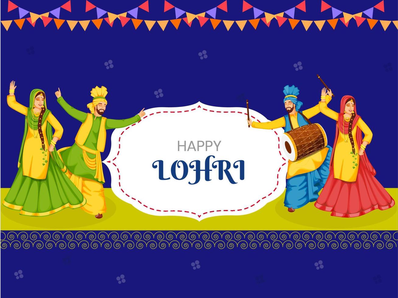 Illustration Of Punjabi Couples Performing Bhangra Dance With Dhol Instrument On Blue Background For Happy Lohri Celebration. vector